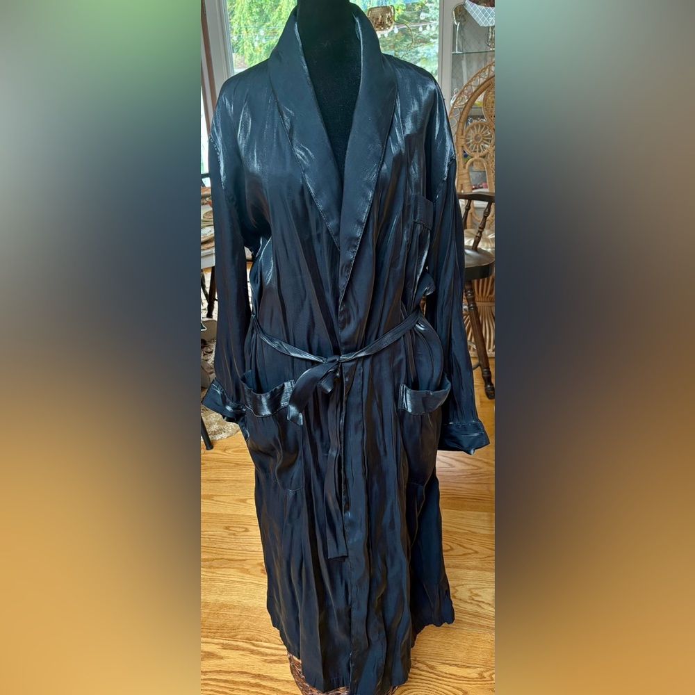 Black Shiny Vintage LONG Satin Robe with Shawl Collar and Belt small